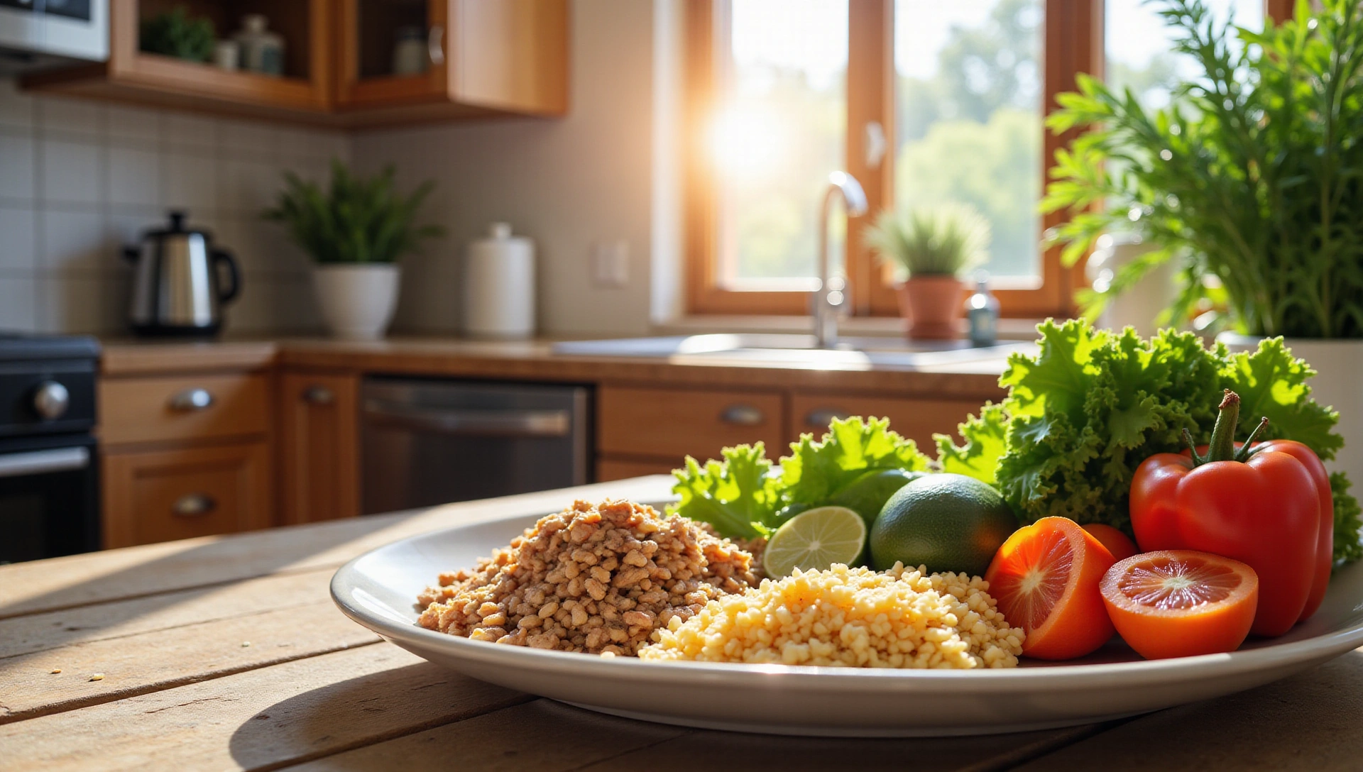 Ein friedliches Bild einer gesunden Mahlzeit mit frischem Gemüse, Obst und Vollkornprodukten auf einem Holztisch in einer sonnigen Küche.